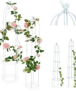 Relaxdays Tuteur De Jardin Oiseau Colonne Rosier Arche Plante Grimpante Set 2 Métal H 117 Cm Et 97 Cm Arceau, Blanc