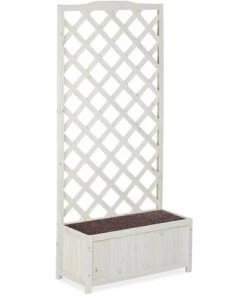 Accessoire de culture Soldes Boutique 32 Relaxdays Jardinière Avec Treillis Espalier Tuteur Plantes Grimpantes Bac à Fleurs Bois Vigne Rose 35 L, 150 Cm, Blanc