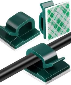 ALMI 100 Pièces Mini Clips De Câble Extérieurs Avec Ruban Adhésif Clips Câble Auto-Adhésifs Clips De Lumière De Décoration Clip De Porte-Câble Pour Noël Et Lumière De Fée (S. Vert Foncé)
